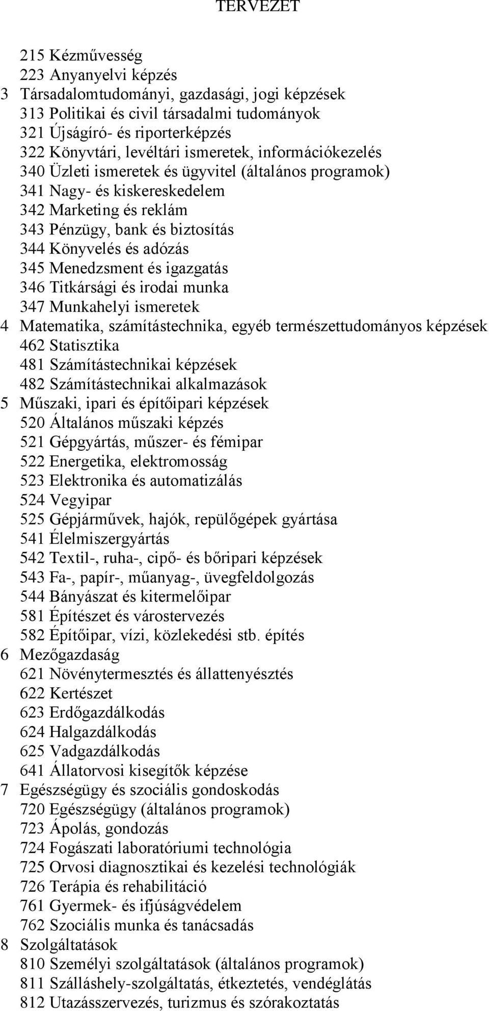 és igazgatás 346 Titkársági és irodai munka 347 Munkahelyi ismeretek 4 Matematika, számítástechnika, egyéb természettudományos képzések 462 Statisztika 481 Számítástechnikai képzések 482