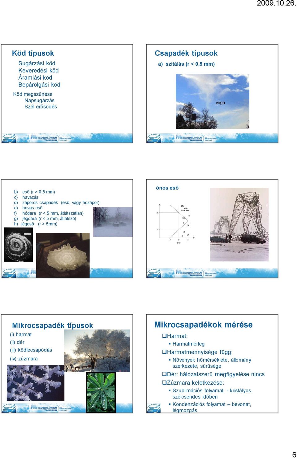 Mikrocsapadék típusok (i) harmat (ii) dér (iii) ködlecsapódás (iv) zúzmara Mikrocsapadékok mérése Harmat: Harmatmérleg Harmatmennyisége függ: Növények hőmérséklete,