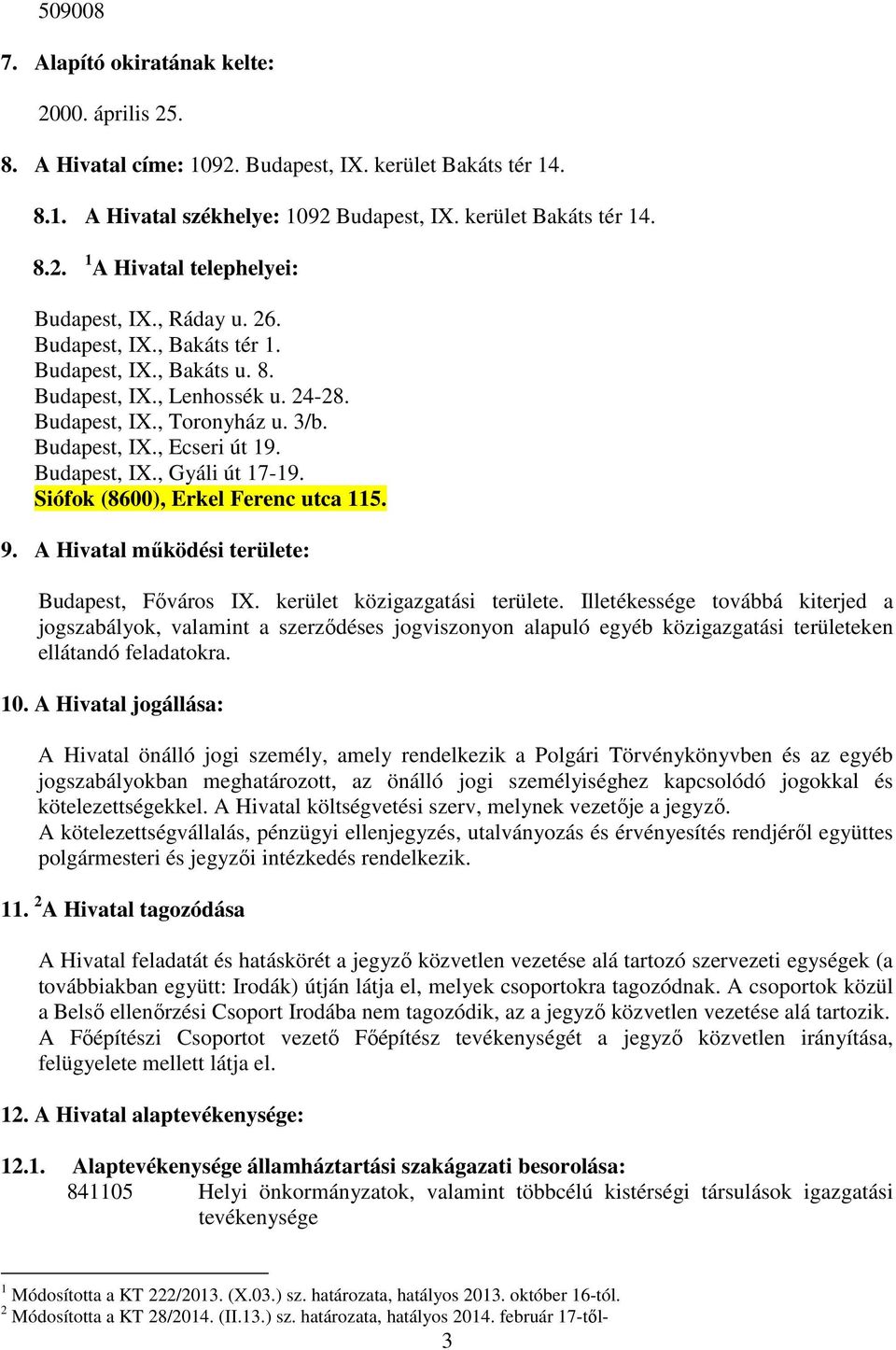 Siófok (8600), Erkel Ferenc utca 115. 9. A Hivatal működési területe: Budapest, Főváros IX. kerület közigazgatási területe.