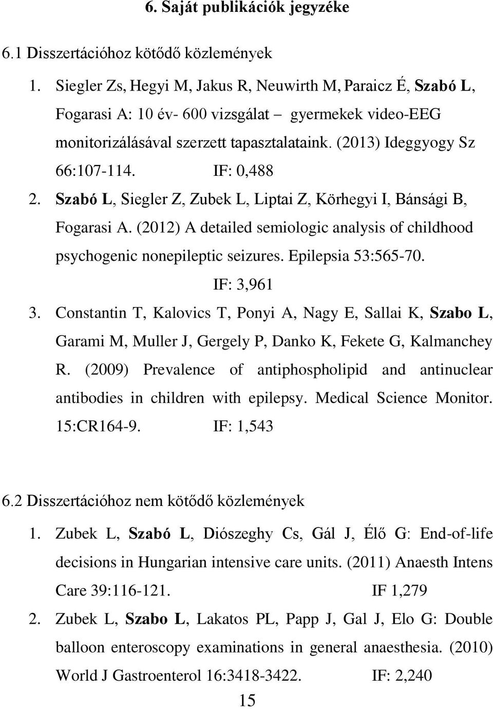 IF: 0,488 2. Szabó L, Siegler Z, Zubek L, Liptai Z, Körhegyi I, Bánsági B, Fogarasi A. (2012) A detailed semiologic analysis of childhood psychogenic nonepileptic seizures. Epilepsia 53:565-70.