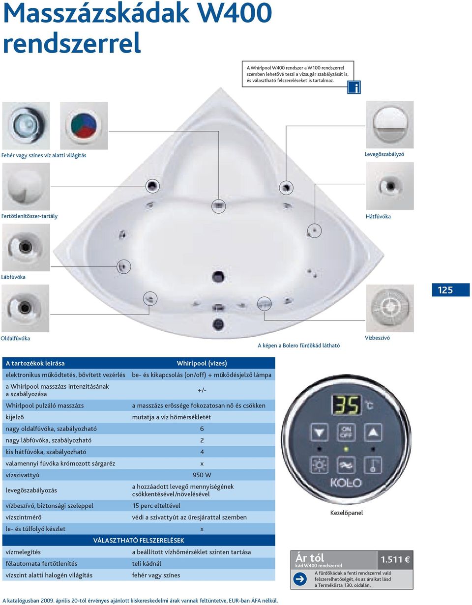 be- és kikapcsolás (on/off) + működésjelző lámpa a Whirlpool masszázs intenzitásának a szabályozása +/- Whirlpool pulzáló masszázs a masszázs erőssége fokozatosan nő és csökken kijelző mutatja a víz