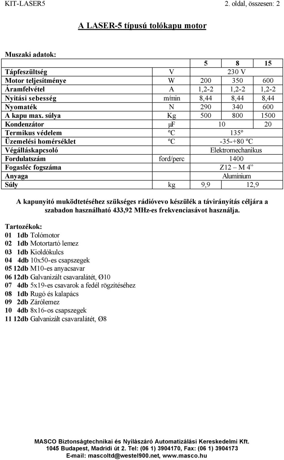 8,44 Nyomaték N 290 340 600 A kapu max.