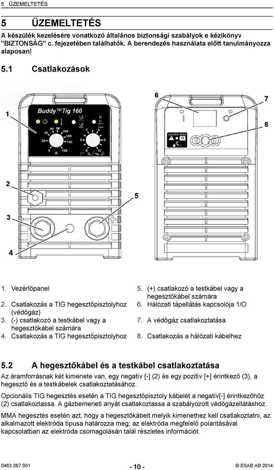 A védőgáz csatlakoztatása hegesztőkábel számára 4. Csatlakozás a TIG hegesztőpisztolyhoz 8. Csatlakozás a hálózati kábelhez 5.