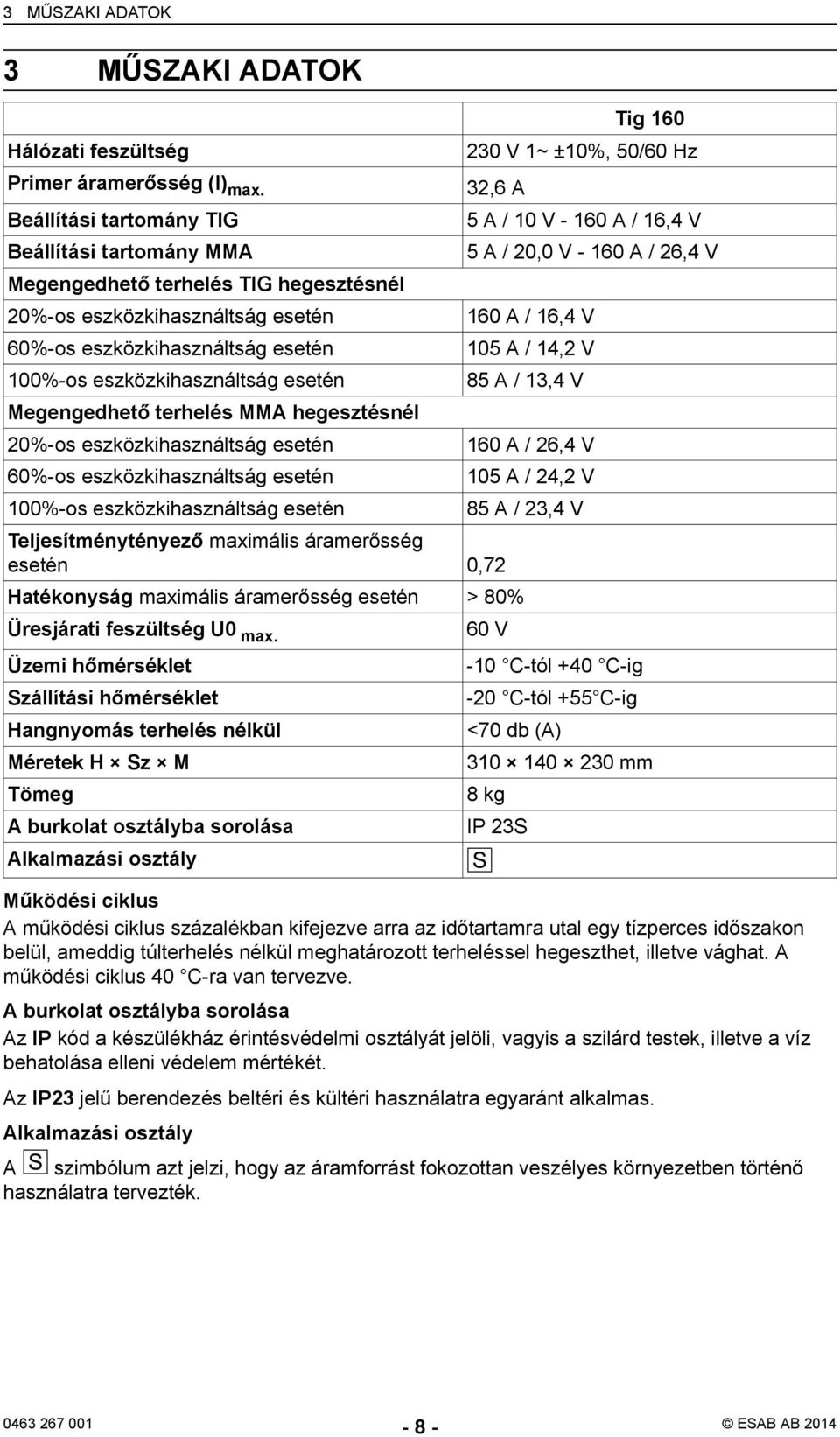 Megengedhető terhelés MMA hegesztésnél 20%-os eszközkihasználtság esetén 60%-os eszközkihasználtság esetén 100%-os eszközkihasználtság esetén Tig 160 230 V 1~ ±10%, 50/60 Hz 32,6 A