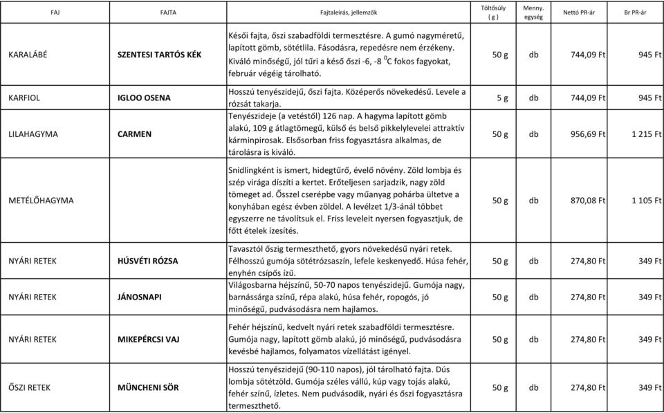 50 g db 744,09 Ft 945 Ft KARFIOL LILAHAGYMA IGLOO OSENA CARMEN Hosszú tenyészidejű, őszi fajta. Középerős növekedésű. Levele a rózsát takarja. Tenyészideje (a vetéstől) 126 nap.