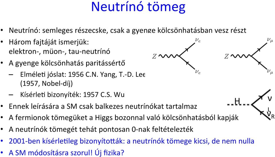 Wu Ennek leírására a SM csak balkezes neutrínókat tartalmaz A fermionok tömegüket a Higgs bozonnal való kölcsönhatásból kapják A neutrínók