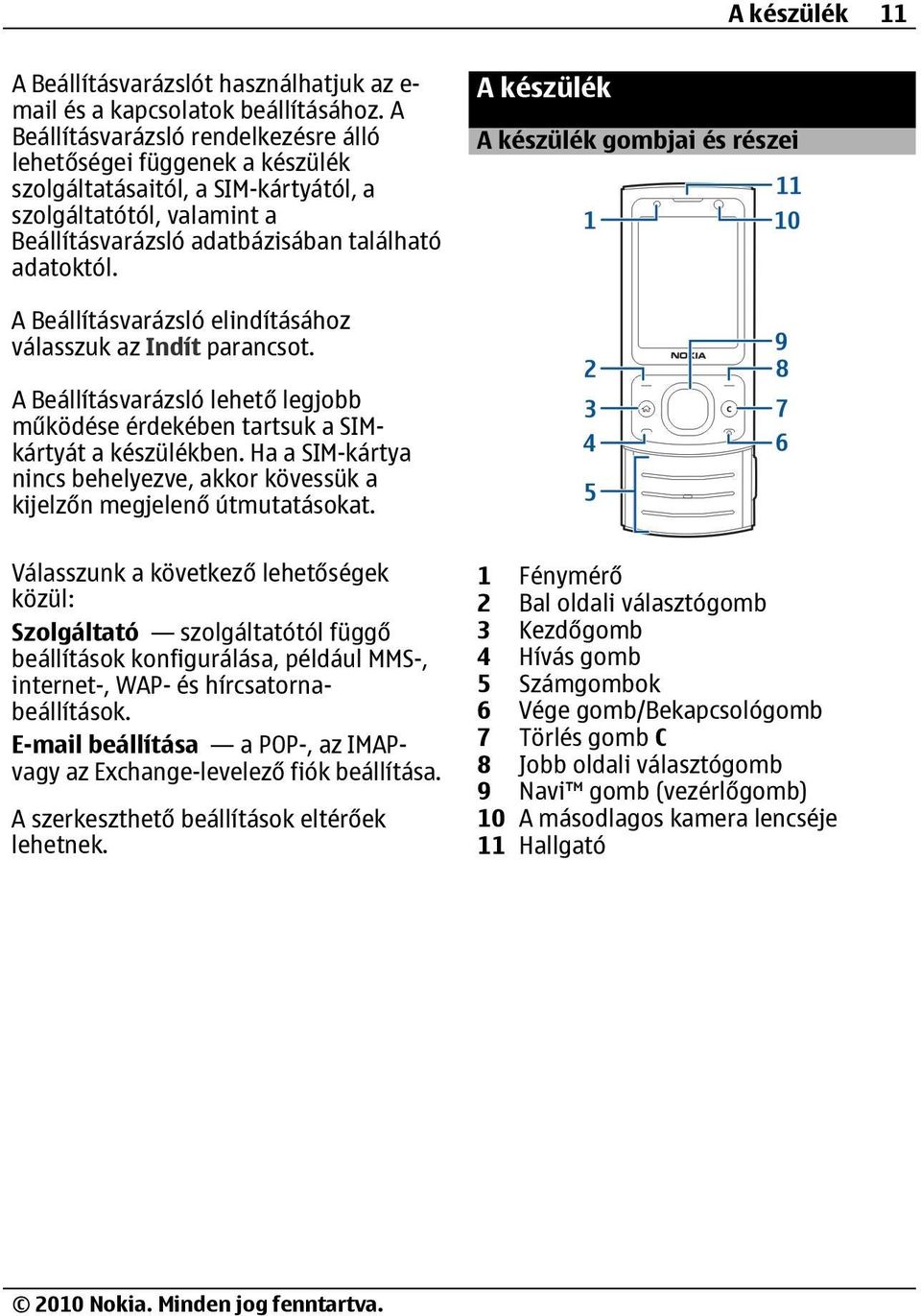 A készülék A készülék gombjai és részei A Beállításvarázsló elindításához válasszuk az Indít parancsot. A Beállításvarázsló lehető legjobb működése érdekében tartsuk a SIMkártyát a készülékben.