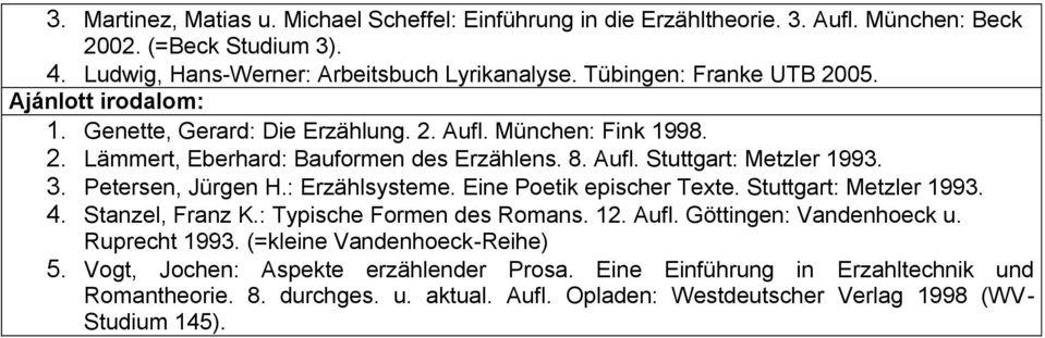 Petersen, Jürgen H.: Erzählsysteme. Eine Poetik epischer Texte. Stuttgart: Metzler 1993. 4. Stanzel, Franz K.: Typische Formen des Romans. 12. Aufl. Göttingen: Vandenhoeck u.