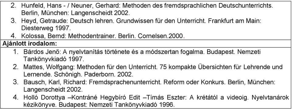 Nemzeti Tankönyvkiadó 1997. 2. Mattes, Wolfgang: Methoden für den Unterricht. 75 kompakte Übersichten für Lehrende und Lernende. Schönigh. Paderborn. 2002. 3.