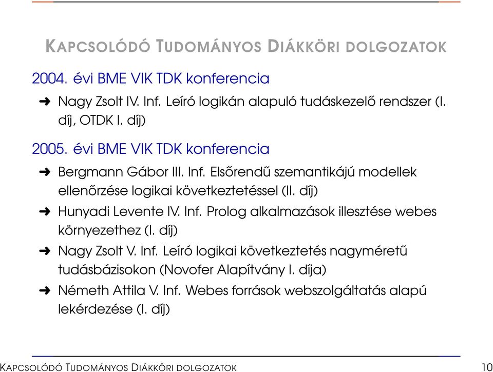 díj) Hunyadi Levente IV. Inf. Prolog alkalmazások illesztése webes környezethez (I. díj) Nagy Zsolt V. Inf. Leíró logikai következtetés nagyméretű tudásbázisokon (Novofer Alapítvány I.