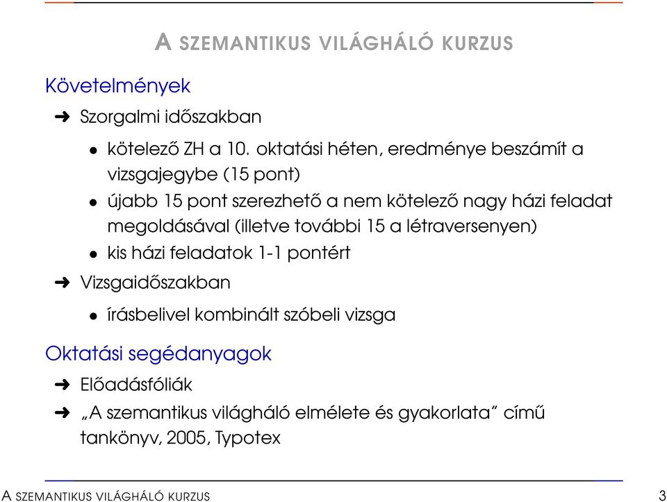 megoldásával (illetve további 15 a létraversenyen) kis házi feladatok 1-1 pontért Vizsgaidőszakban írásbelivel kombinált