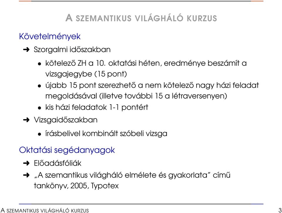 megoldásával (illetve további 15 a létraversenyen) kis házi feladatok 1-1 pontért Vizsgaidőszakban írásbelivel kombinált