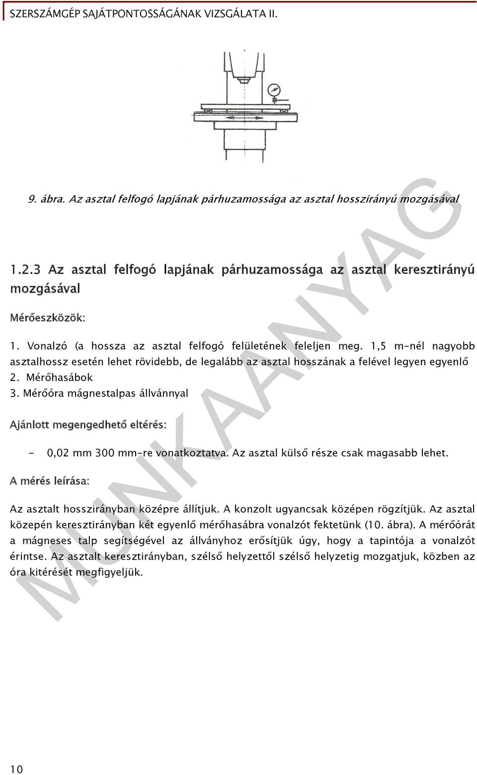 Mérőóra mágnestalpas állvánnyal Ajánlott megengedhető eltérés: - 0,02 mm 300 mm-re vonatkoztatva. Az asztal külső része csak magasabb lehet. A mérés leírása: Az asztalt hosszirányban középre állítjuk.
