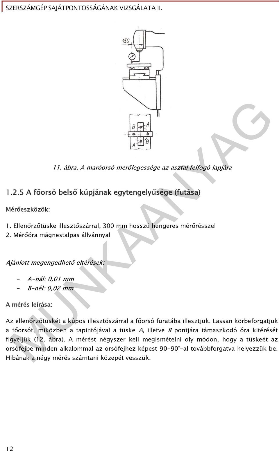 Mérőóra mágnestalpas állvánnyal Ajánlott megengedhető eltérések: - A-nál: 0,01 mm - B-nél: 0,02 mm A mérés leírása: Az ellenőrzőtüskét a kúpos illesztőszárral a főorsó furatába