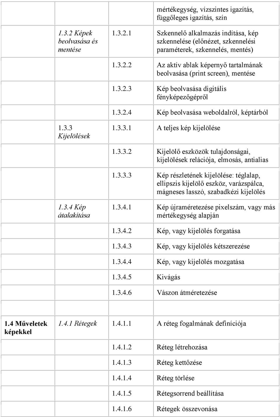 3.3.2 Kijelölő eszközök tulajdonságai, kijelölések relációja, elmosás, antialias 1.3.3.3 Kép részletének kijelölése: téglalap, ellipszis kijelölő eszköz, varázspálca, mágneses lasszó, szabadkézi kijelölés 1.