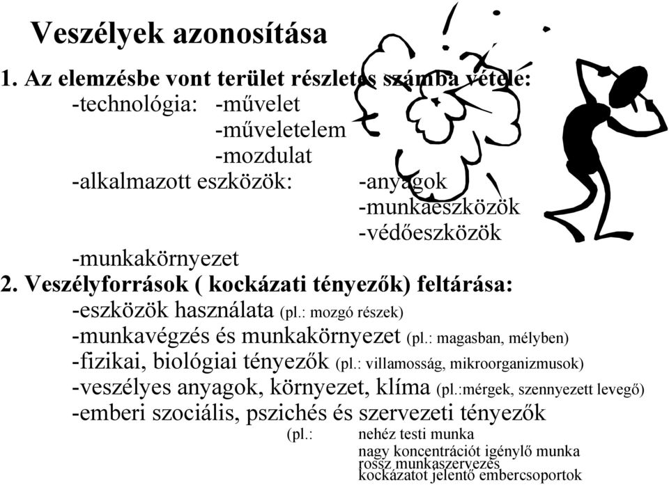 -munkakörnyezet 2. Veszélyforrások ( kockázati tényezők) feltárása: -eszközök használata (pl.: mozgó részek) -munkavégzés és munkakörnyezet (pl.