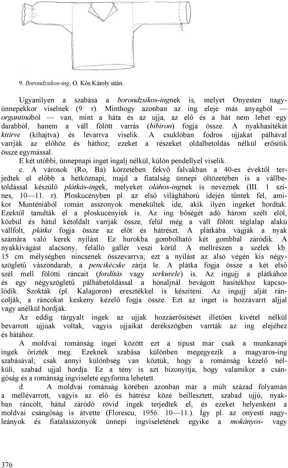A nyakhasítékát kitírve (kihajtva) és levarrva viselik. A csuklóban fodros ujjakat pálhával varrják az előhöz és háthoz; ezeket a részeket oldalbetoldás nélkül erősítik össze egymással.
