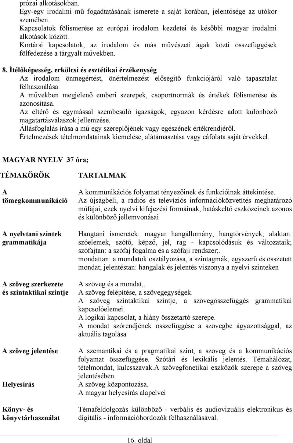 Kortársi kapcsolatok, az irodalom és más művészeti ágak közti összefüggések fölfedezése a tárgyalt művekben. 8.