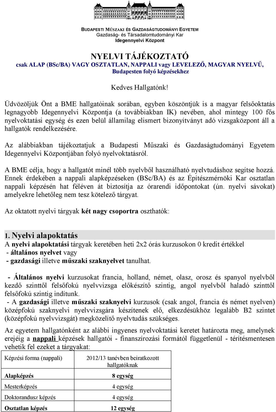 Üdvözöljük Önt a BME hallgatóinak sorában, egyben köszöntjük is a magyar felsőoktatás legnagyobb Idegennyelvi Központja (a továbbiakban IK) nevében, ahol mintegy 100 fős nyelvoktatási egység és ezen