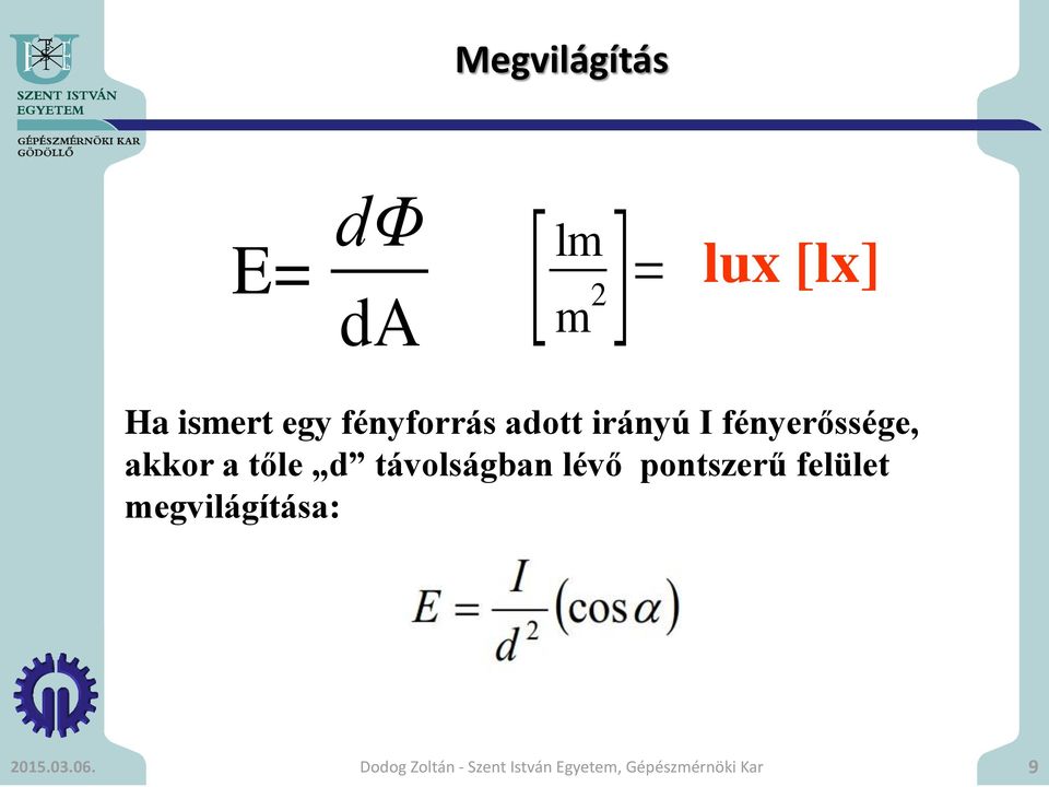 távolságban lévő pontszerű felület megvilágítása: 2015.03.