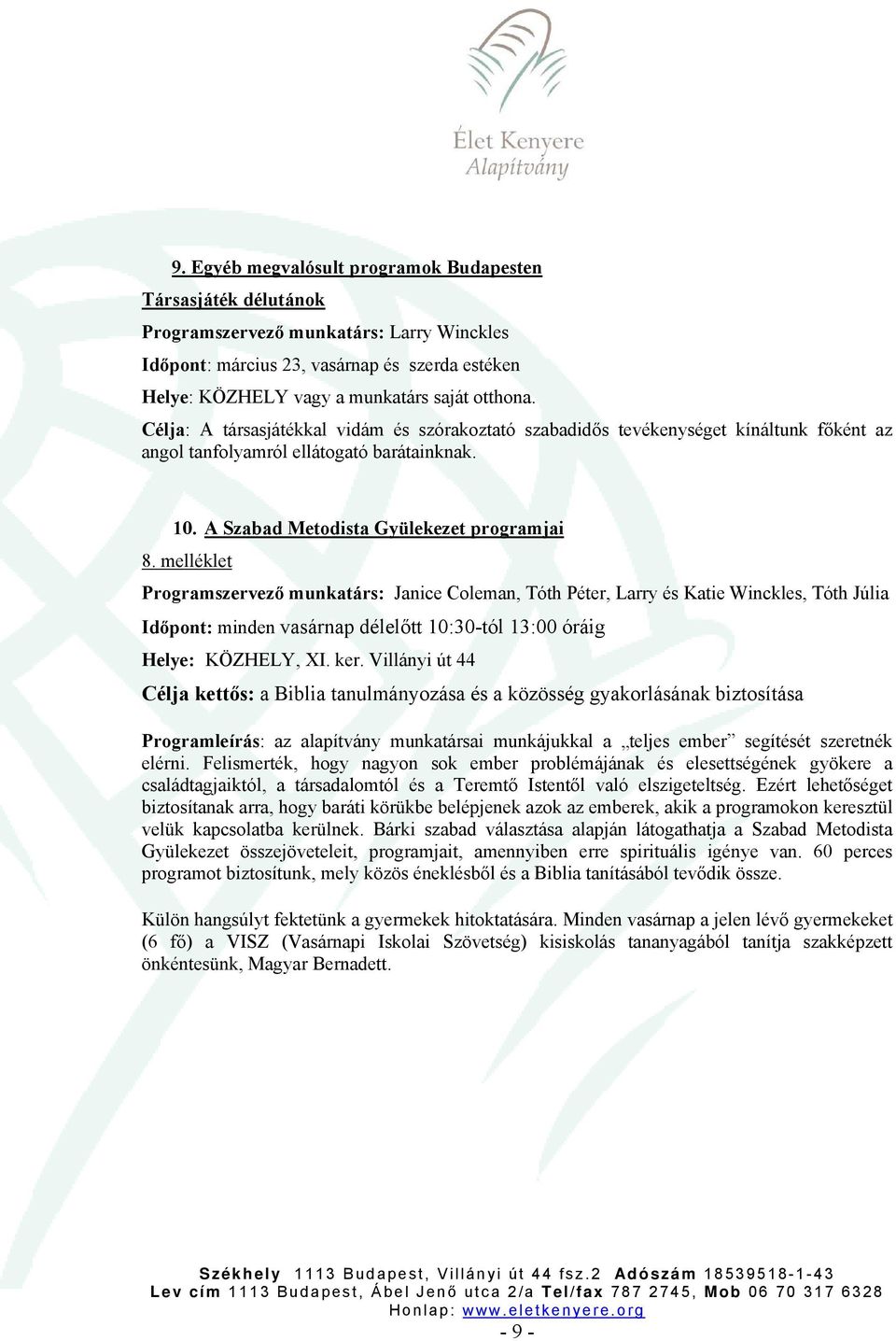 melléklet Programszervező munkatárs: Janice Coleman, Tóth Péter, Larry és Katie Winckles, Tóth Júlia Időpont: minden vasárnap délelőtt 10:30-tól 13:00 óráig Helye: KÖZHELY, XI. ker.