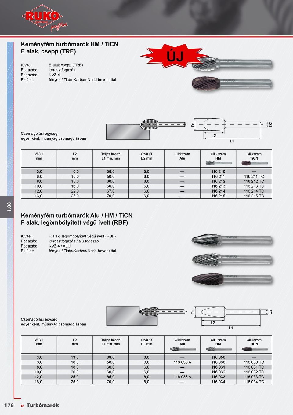 215 116 215 TC Keményfém turbómarók / / F alak, legömbölyített végű ívelt (RBF) Kivitel: Felület: F alak, legömbölyített végű ívelt (RBF) keresztfogazás / alu fogazás KVZ 4 / ALU fényes /