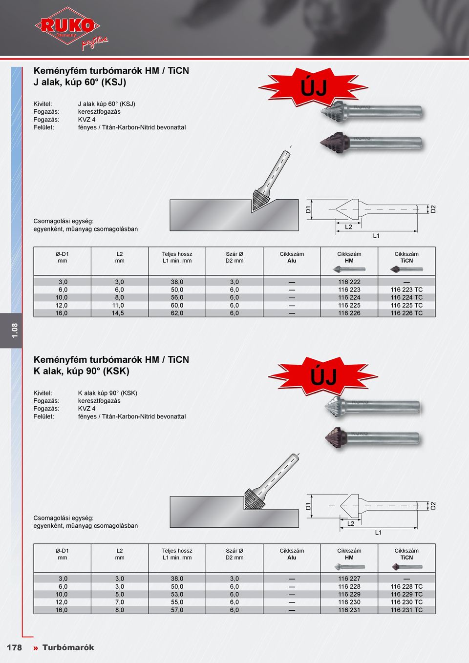 116 226 TC Keményfém turbómarók / K alak, kúp 90 (KSK) Kivitel: K alak kúp 90 (KSK) keresztfogazás KVZ 4 Felület: fényes / Titán-Karbon-Nitrid bevonattal Ø- min.