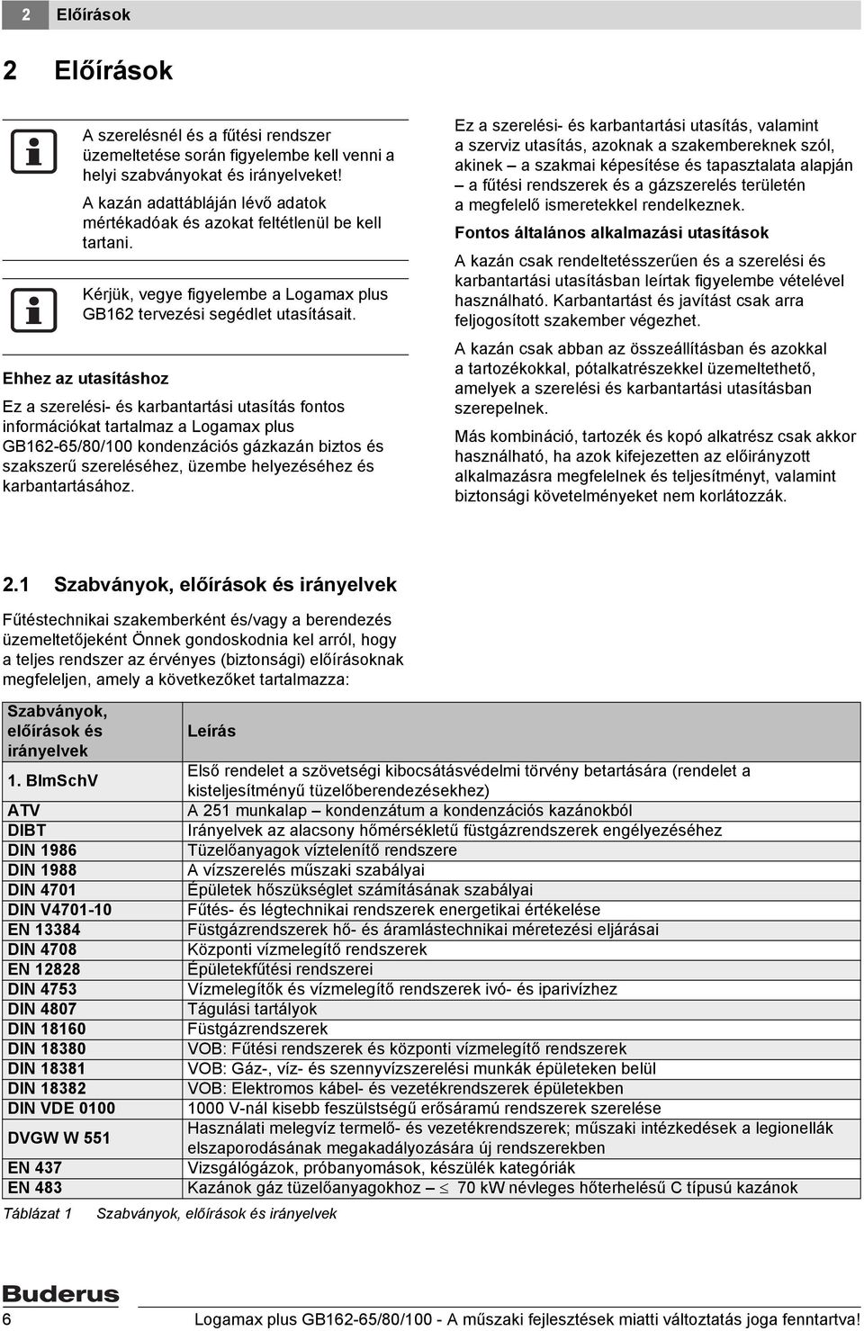 Ehhez az utasításhoz Ez a szerelési- és karbantartási utasítás fontos információkat tartalmaz a Logamax plus GB62-65/80/00 kondenzációs gázkazán biztos és szakszerű szereléséhez, üzembe helyezéséhez