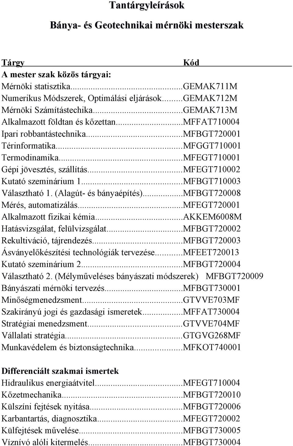 ..MFEGT710001 Gépi jövesztés, szállítás...mfegt710002 Kutató szeminárium 1...MFBGT710003 Választható 1. (Alagút- és bányaépítés)...mfbgt720008 Mérés, automatizálás.