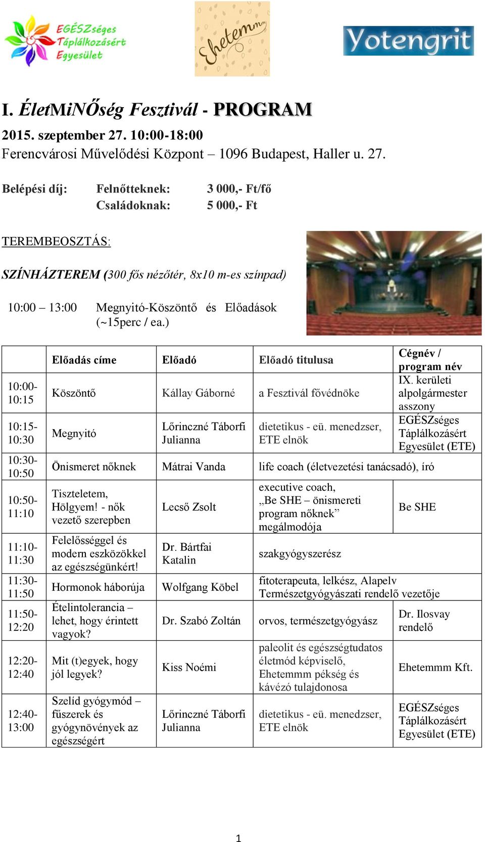 Belépési díj: Felnőtteknek: 3 000,- Ft/fő Családoknak: 5 000,- Ft TEREMBEOSZTÁS: SZÍNHÁZTEREM (300 fős nézőtér, 8x10 m-es színpad) 10:00 13:00 Megnyitó-Köszöntő és Előadások (~15perc / ea.