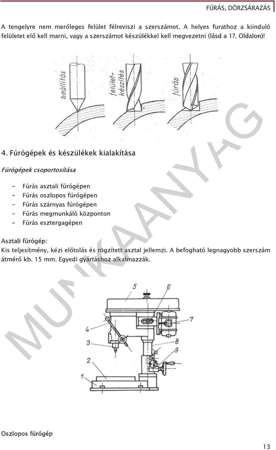 Fúrógépek és készülékek kialakítása Fúrógépek csoportosítása - Fúrás asztali fúrógépen - Fúrás oszlopos fúrógépen - Fúrás szárnyas