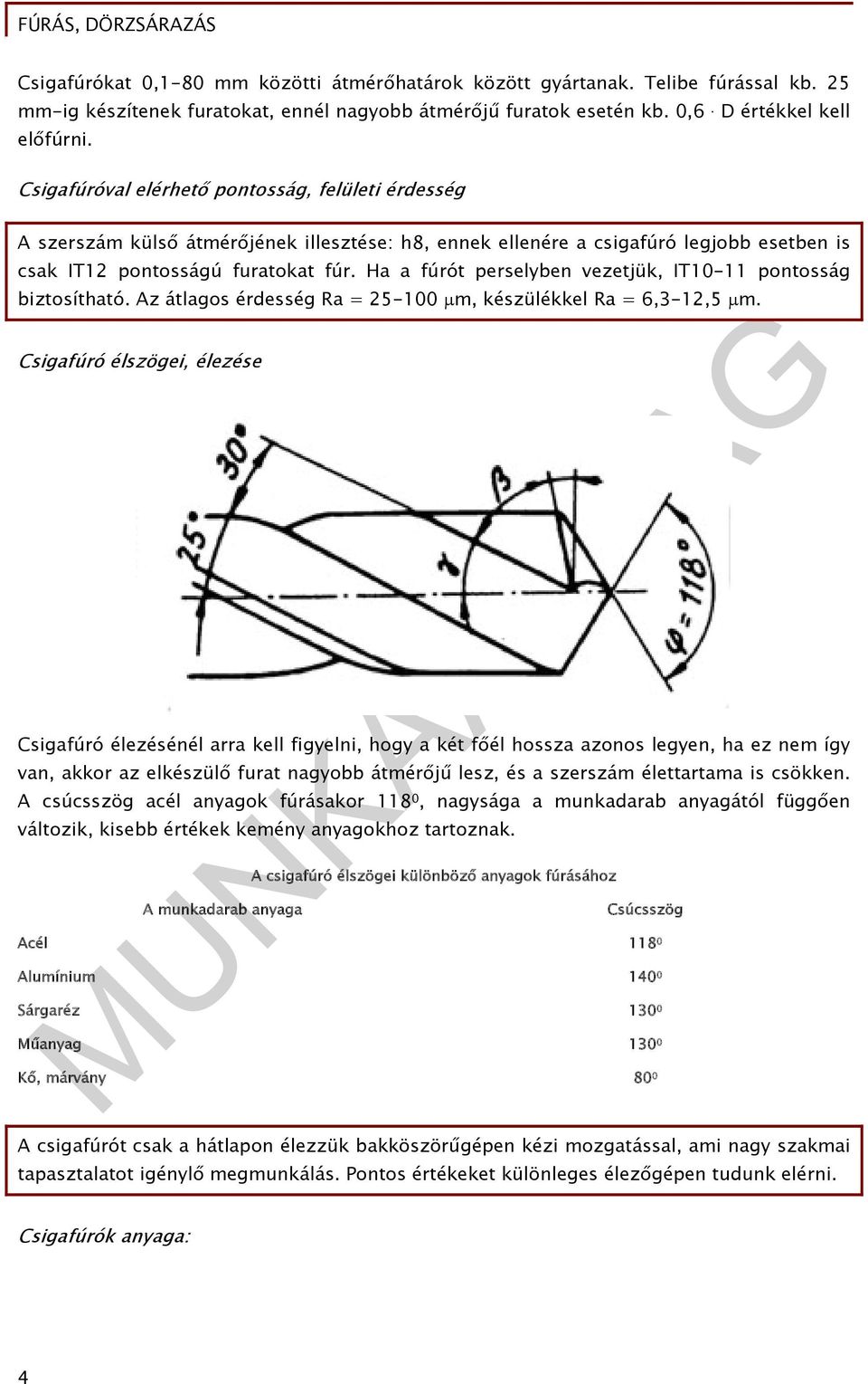 Ha a fúrót perselyben vezetjük, IT10-11 pontosság biztosítható. Az átlagos érdesség Ra = 25-100 m, készülékkel Ra = 6,3-12,5 m.