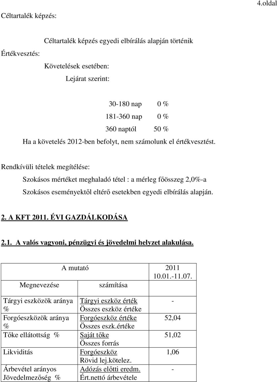 számolunk el értékvesztést. Rendkívüli tételek megítélése: Szokásos mértéket meghaladó tétel : a mérleg fıösszeg 2,0%-a Szokásos eseményektıl eltérı esetekben egyedi elbírálás alapján. 2. A KFT 2011.