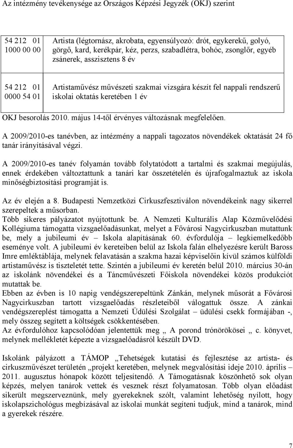 2010. május 14-tıl érvényes változásnak megfelelıen. A 2009/2010-es tanévben, az intézmény a nappali tagozatos növendékek oktatását 24 fı tanár irányításával végzi.