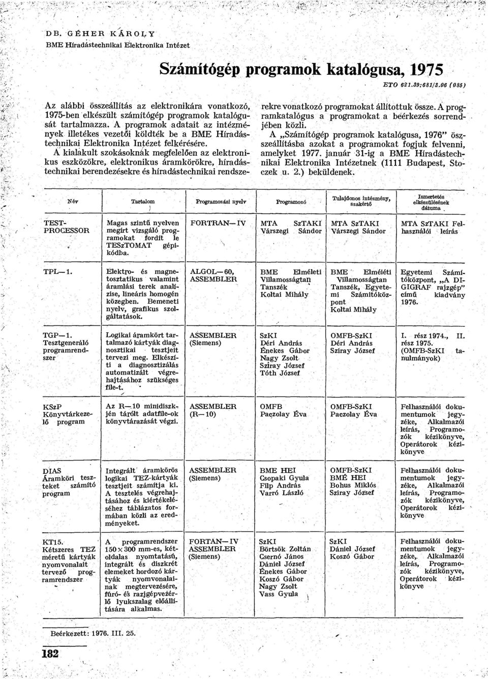 A programok adatait az intézmények illetékes vezetői köldték be a BME Elektronika Intézet felkérésére.