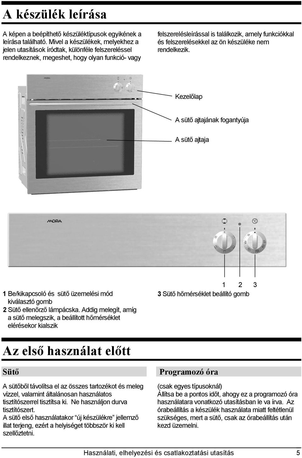 felszerelésekkel az ön készüléke nem rendelkezik. Kezelőlap A sütő ajtajának fogantyúja A sütő ajtaja 1 Be/kikapcsoló és sütő üzemelési mód kiválasztó gomb 2 Sütő ellenőrző lámpácska.
