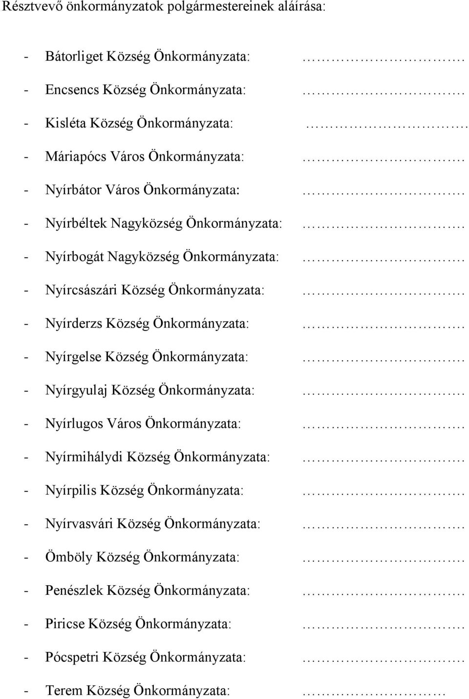 - Nyírgelse Község Önkormányzata:. - Nyírgyulaj Község Önkormányzata:. - Nyírlugos Város Önkormányzata:. - Nyírmihálydi Község Önkormányzata:. - Nyírpilis Község Önkormányzata:.