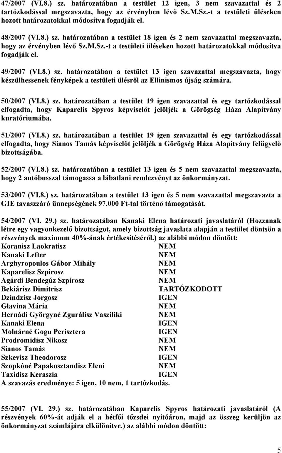 8.) sz. határozatában a testület 13 igen szavazattal megszavazta, hogy készülhessenek fényképek a testületi ülésről az Ellinismos újság számára. 50/2007 (VI.8.) sz. határozatában a testület 19 igen szavazattal és egy tartózkodással elfogadta, hogy Kaparelis Spyros képviselőt jelöljék a Görögség Háza Alapítvány kuratóriumába.