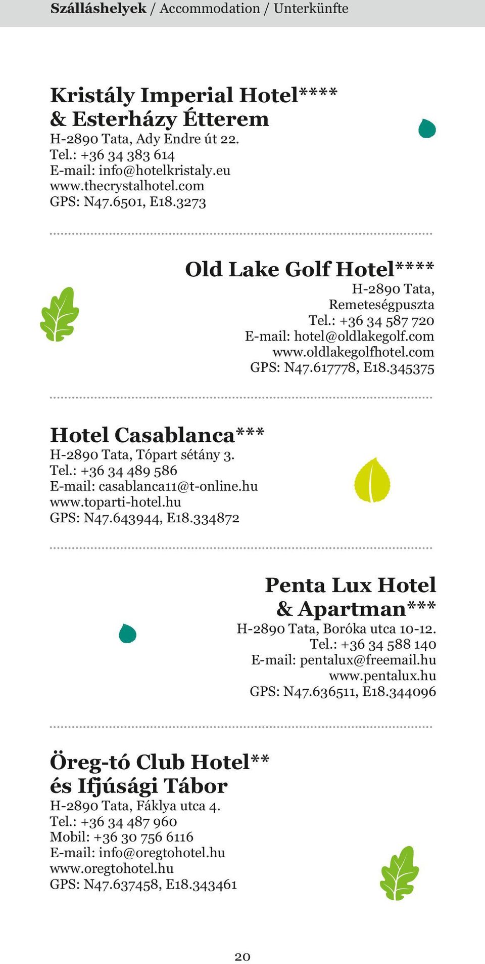 345375 Hotel Casablanca*** H-2890 Tata, Tópart sétány 3. Tel.: +36 34 489 586 E-mail: casablanca11@t-online.hu www.toparti-hotel.hu GPS: N47.643944, E18.
