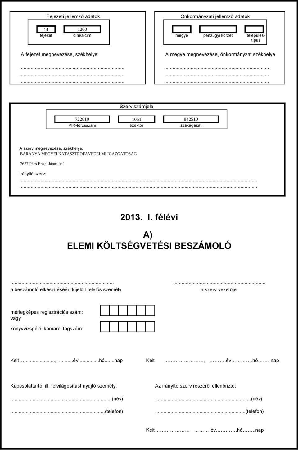 I. félévi A) ELEMI KÖLTSÉGVETÉSI BESZÁMOLÓ...... a beszámoló elkészítéséért kijelölt felelős személy a szerv vezetője mérlegképes regisztrációs szám: vagy könyvvizsgálói kamarai tagszám: Kelt.