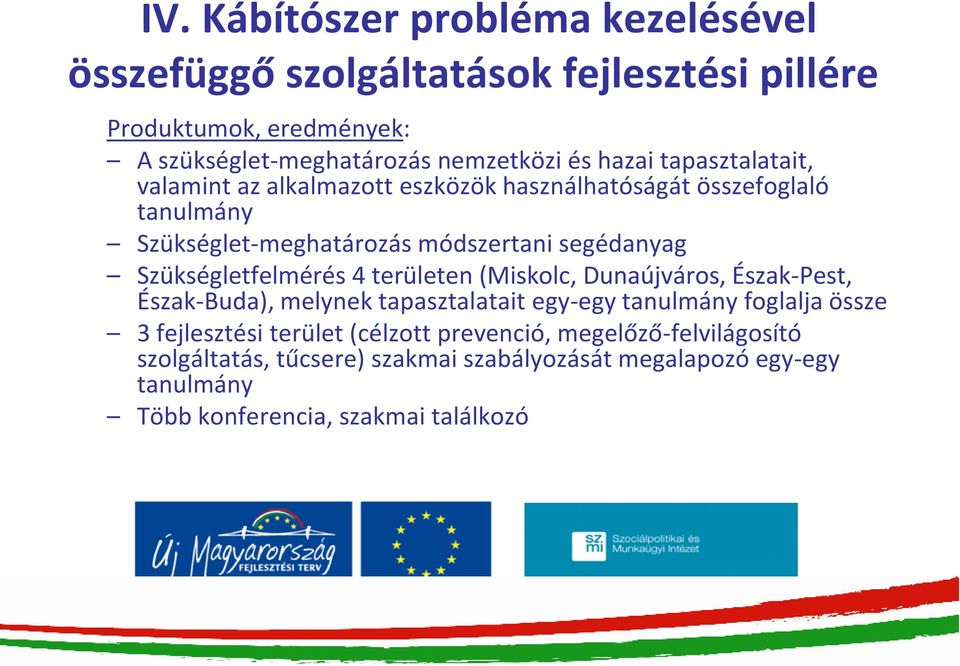 Szükségletfelmérés 4 területen (Miskolc, Dunaújváros, Észak-Pest, Észak-Buda), melynek tapasztalatait egy-egy tanulmány foglalja össze 3 fejlesztési