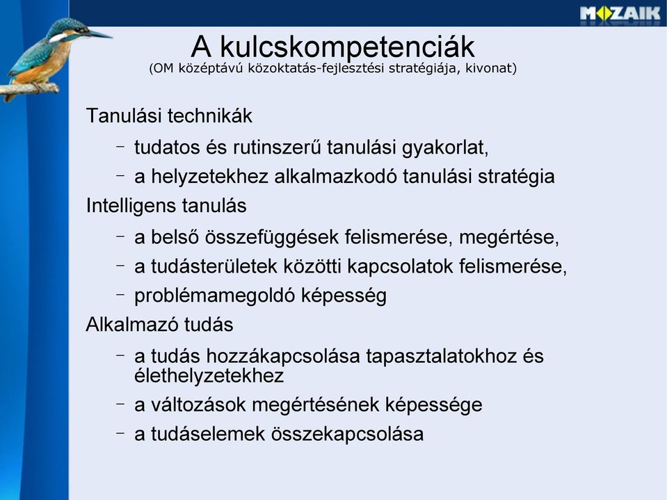 összefüggések felismerése, megértése, a tudásterületek közötti kapcsolatok felismerése, problémamegoldó képesség