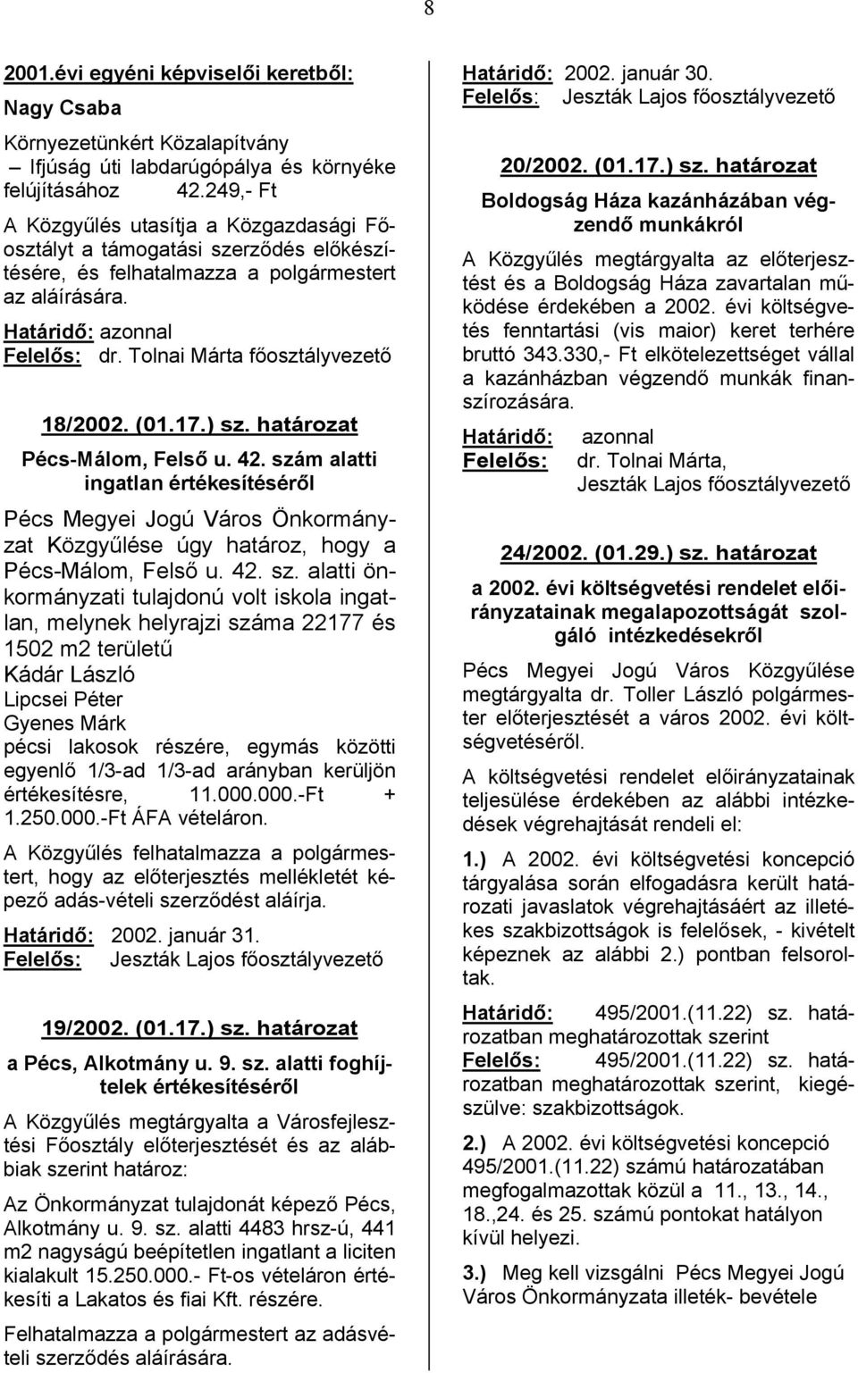 Tolnai Márta főosztályvezető 18/2002. (01.17.) sz. határozat Pécs-Málom, Felső u. 42.