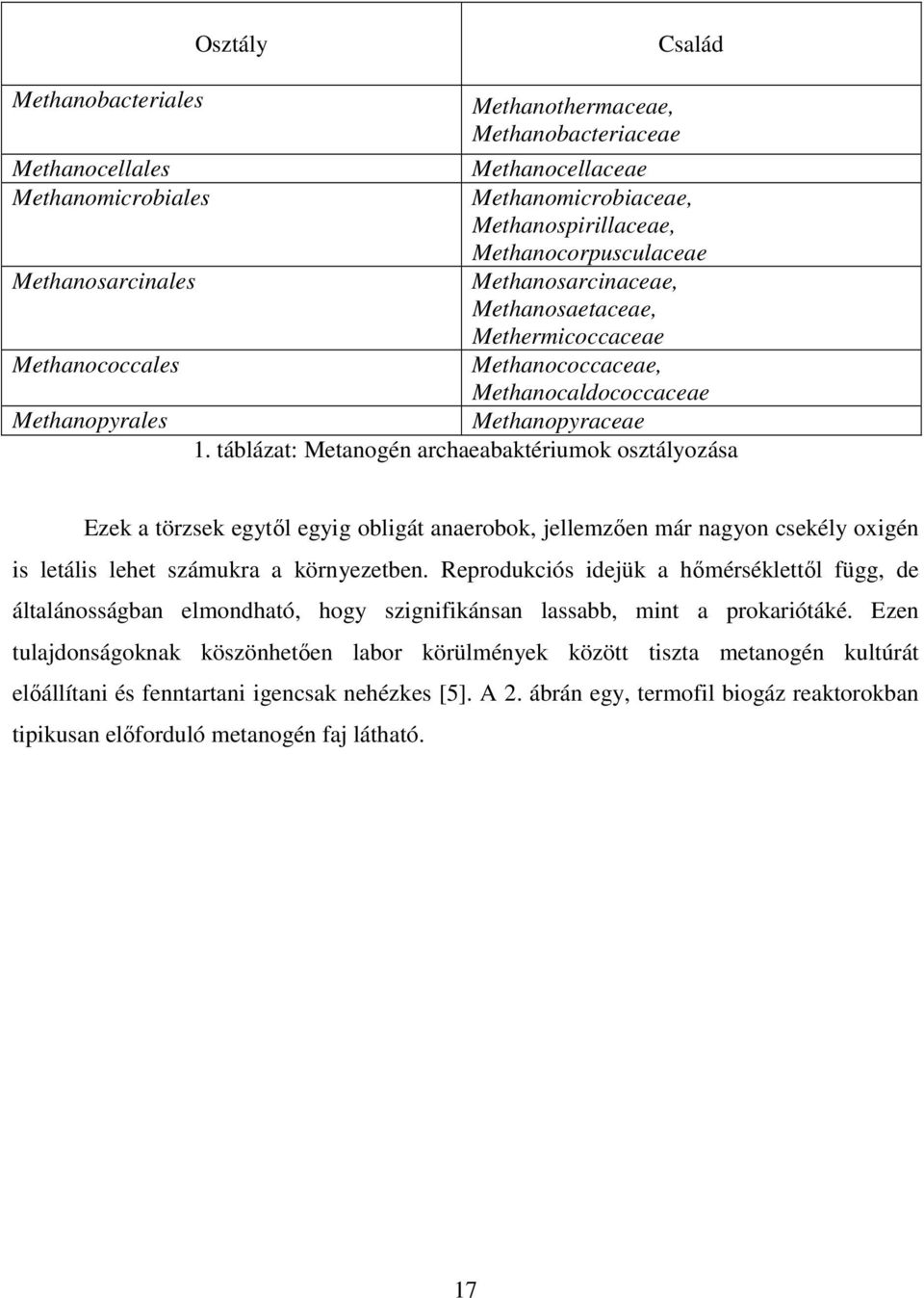 táblázat: Metanogén archaeabaktériumok osztályozása Ezek a törzsek egytıl egyig obligát anaerobok, jellemzıen már nagyon csekély oxigén is letális lehet számukra a környezetben.