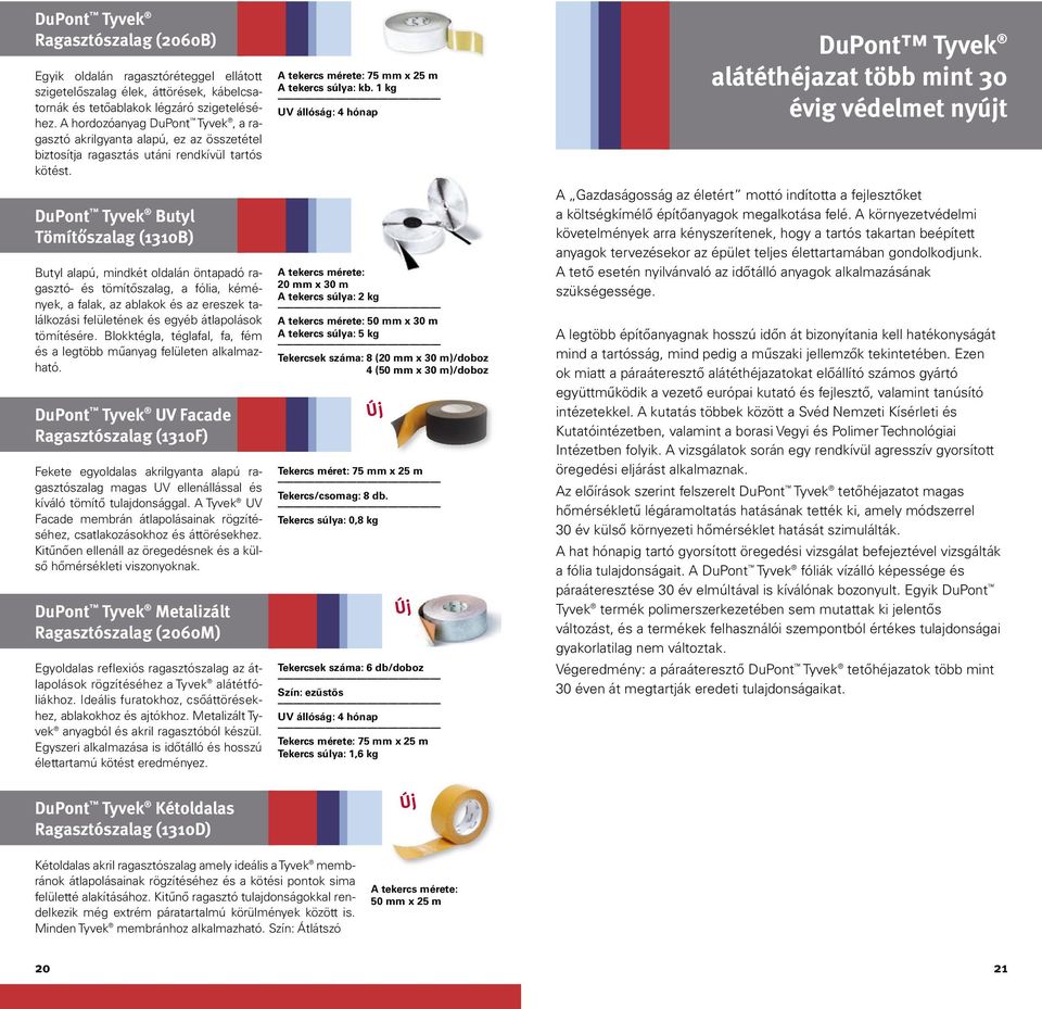 DuPont Butyl Tömítőszalag (1310B) Butyl alapú, mindkét oldalán öntapadó ragasztó- és tömítőszalag, a fólia, kémények, a falak, az ablakok és az ereszek találkozási felületének és egyéb átlapolások