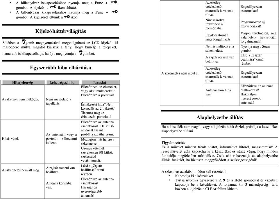 Hogy kímélje a telepeket, hamarabb is kikapcsolhatja, ha újra megnyomja a gombot. Egyszerűbb hiba elhárítása Hibajelenség Lehetséges hiba Javaslat A szkenner nem működik. Hibás vétel.