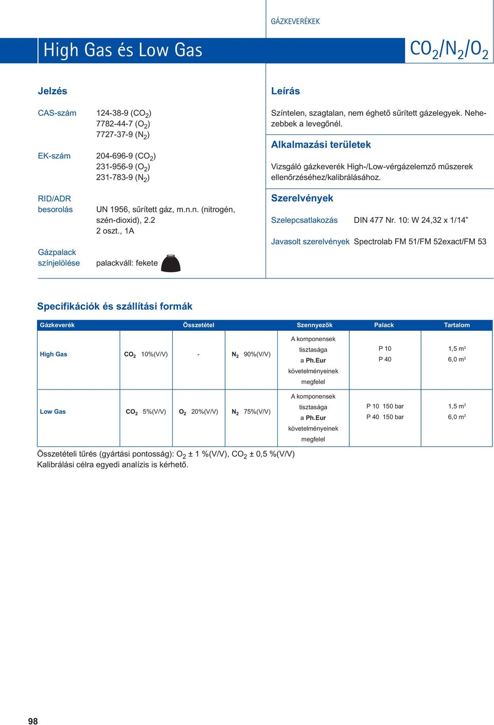 2 palackváll: fekete Szelepcsatlakozás DIN 477 Nr. 10: W 24,32 x 1/14 High Gas CO 2 10%(V/V) - N 2 90%(V/V) tisztasága a Ph.