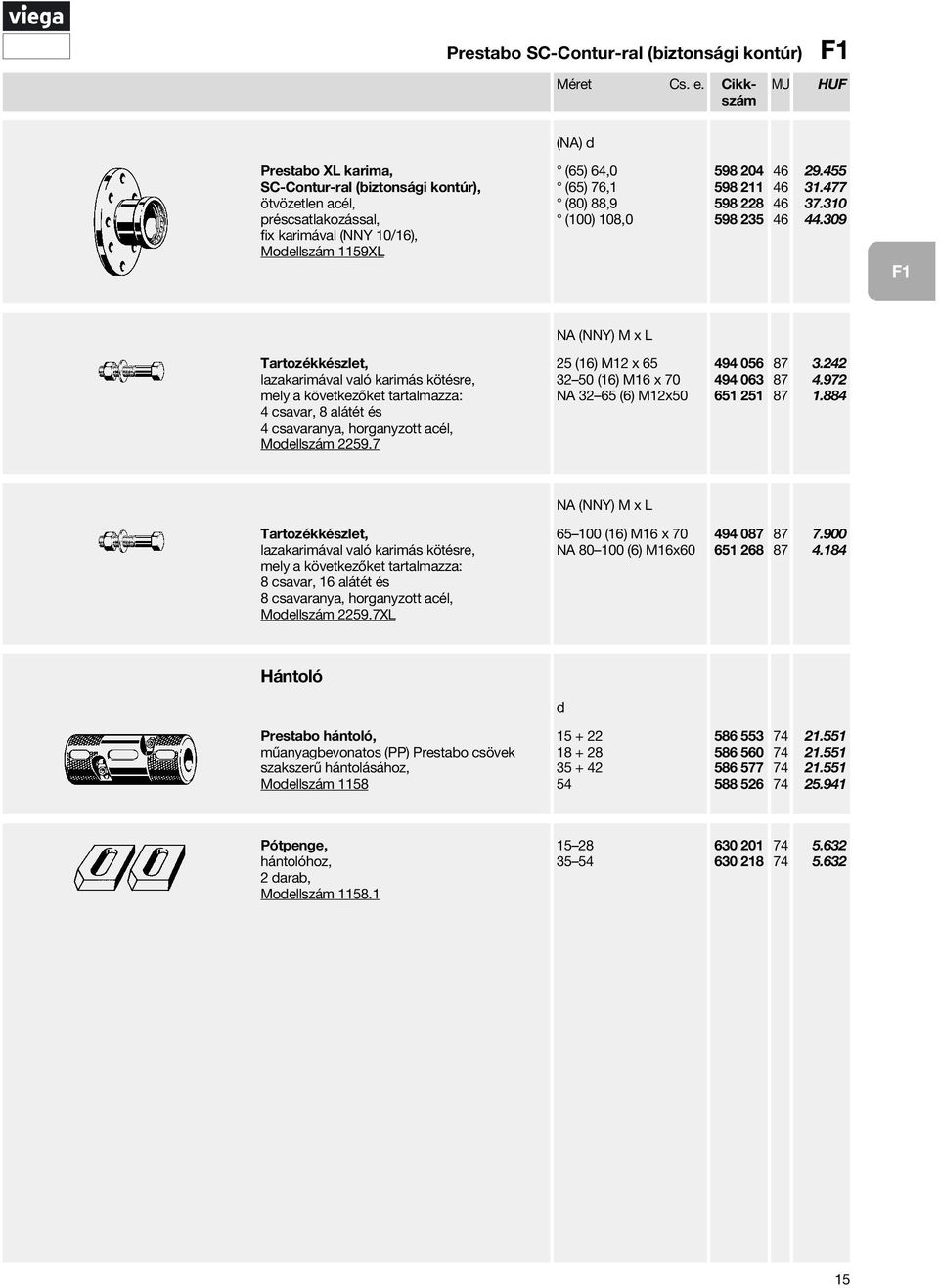 309 NA (NNY) M x L Tartozékkészlet, lazakarimával való karimás kötésre, mely a következőket tartalmazza: 4 csavar, 8 alátét és 4 csavaranya, horganyzott acél, Moellszám 2259.