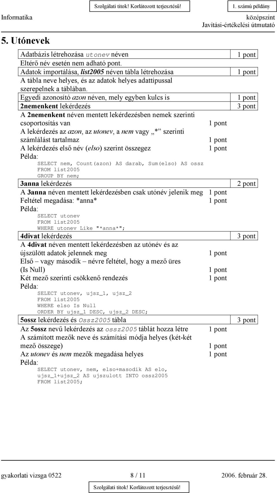 Egyedi azonosító azon néven, mely egyben kulcs is 2nemenkent lekérdezés A 2nemenkent néven mentett lekérdezésben nemek szerinti csoportosítás van A lekérdezés az azon, az utonev, a nem vagy *