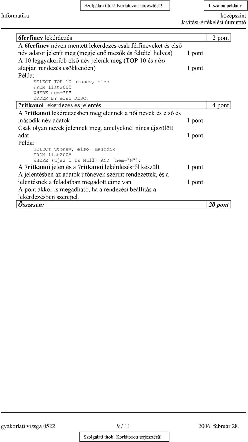 második név adatok Csak olyan nevek jelennek meg, amelyeknél nincs újszülött adat SELECT utonev, elso, masodik FROM list2005 WHERE (ujsz_1 Is Null) AND (nem="n"); A 7ritkanoi jelentés a 7ritkanoi